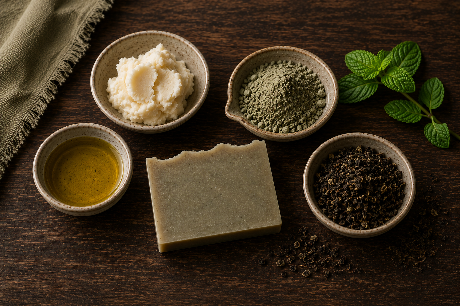 Plant butter, botanical oil, clay, tea leaves, mint and a finished artisan soap bar